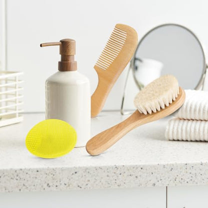 Baby Hair Brush with Wooden Handle and Comb Set for Newborns & Toddlers | Natural Soft Goat Bristles l Wood comb l Yellow Silicone Brush| Ideal for Cradle Cap (3PCS) - color: 3PCS(Yellow Cradle Cap Brush+Hair Brush+Wood Comb)
