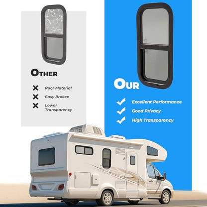 HECASA 12" W x 24" H Universal RV Window Vertical Slide Teardrop Window W/ | Trim Ring and Net Screen Tempered Glass Aluminium Plastic Rubber (2PCS) - size: 12" W x 25" H
