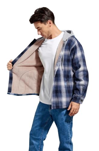 Men's Cotton Plaid Shirt Jacket Fleece Flannel Sherpa Button Down - color: Blue Block, size: Small