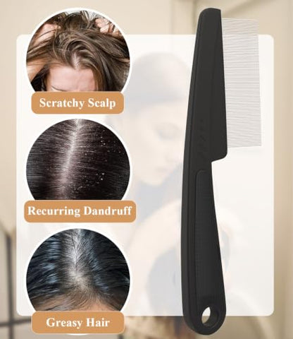 Dandruff Comb Removal 0.5mm Metal Fine Tooth Scalp Detox Hair Care Tool 1PC | Build Up Flakes Lice Comb, Stainless Steel Teeth, Self Cleaning, Scalp Massage, Anti Slip Handle, for Women Men Kids, Black - color: 1PC Black
