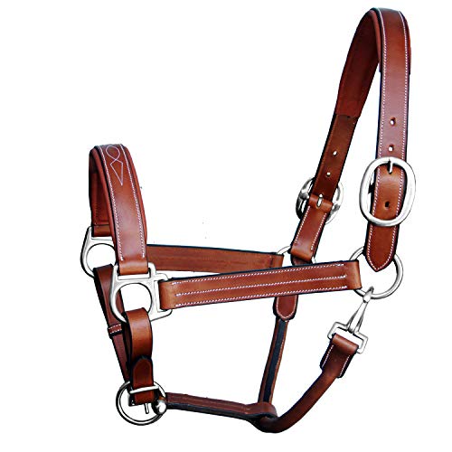 Leather Horse Halter with Fancy Stitching | Black & Brown Padded Halter with Silver Brass Hardware | Quick-Release Snap | Adjustable Leather Halter – Cob, Full, Over, Pony Sizes - color: Oak Brown/ Reddish Brown, size: Cob/ Medium Size