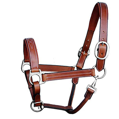 Leather Horse Halter with Fancy Stitching | Black & Brown Padded Halter with Silver Brass Hardware | Quick-Release Snap | Adjustable Leather Halter – Cob, Full, Over, Pony Sizes - color: Oak Brown/ Reddish Brown, size: Cob/ Medium Size