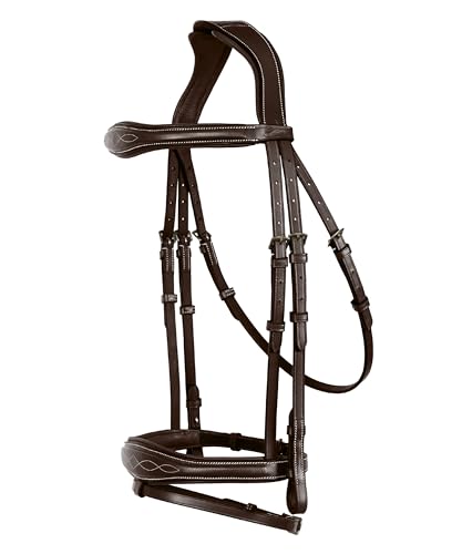 English Horse Bridle with Anatomic Crank Noseband & Detachable Flash | Vegetable Tanned Leather Jumping Bridle, Ergonomic Pressure Relief Crownpiece | Reins Included | Black, Brown - color: Havana, size: Cob/Medium Size