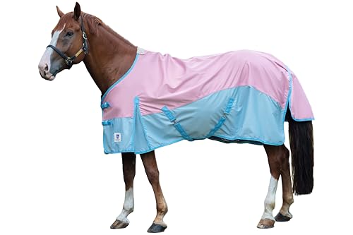 Horse Turnout Rain Sheet | 600 Denier Ripstop Turnout Blanket No Fill (0g) | Waterproof Lightweight Breathable | Tear-Resistant Outer & Rub-Free Silky Inner | Pink/Blue - 72 in - color: Pastel Pink/Blue, size: 72