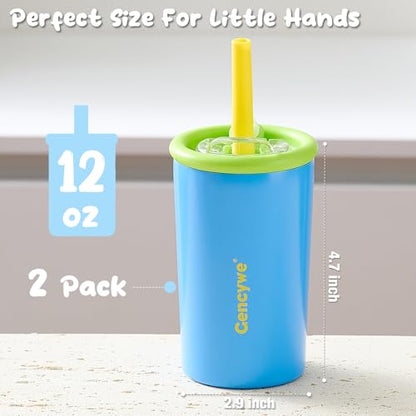 Gencywe® 2 PACK Kids Double Walled Stainless Steel Cups with Straws and lids | 12 oz Spill-Proof Sippy Smoothie Tumbler Set, Small Kids Snack & Drink Water Cups, BPA-Free (Age: 3+ years old & up)