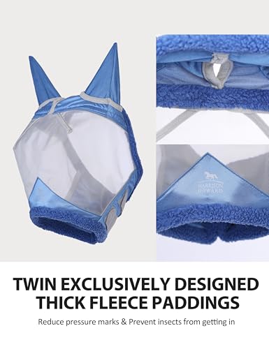 Harrison Howard CareMaster Horse Fly Mask UV Protective Fine Mesh with Extra Wool Soft Touch on Skin Cerulean Blue-Silver M - color: Cerulean Blue-Silver, size: Cob (Medium)