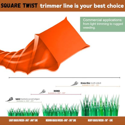 Weed Eater String, Orange Square Twisted Trimmer Line, 0.105-Inch Diameter Premium Commercial Weed Wacker String Spool Replacement (732-Feet, 3lbs) - size: 732FT x .105 in