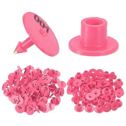 M METERXITY 100-Pack Cattle Ear Tags 001-100 Number, Plastic Round Livestock Ear Tags for Cows/Sheep/Cattle/Pig, Farm Animal Identification Markers [Rose Red] - color: Rose Red