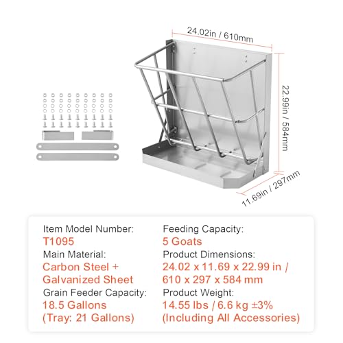 Happybuy Goat Hay Feeder, 21 Gallons Large Capacity, 2 in 1 Hay and Grain Feeder, Wall Mounted Livestock Feeder with Feed Tray, Multiple Sided Goat Hay Rack, Sturdy Steel Hay Rack for Sheep Horses