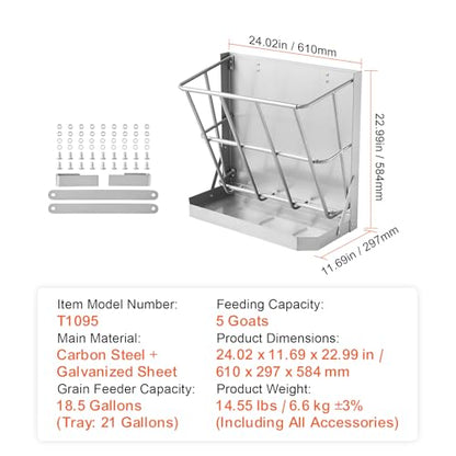 Happybuy Goat Hay Feeder, 21 Gallons Large Capacity, 2 in 1 Hay and Grain Feeder, Wall Mounted Livestock Feeder with Feed Tray, Multiple Sided Goat Hay Rack, Sturdy Steel Hay Rack for Sheep Horses