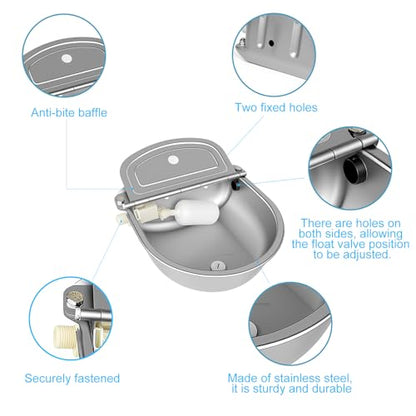 Automatic Pet Water Bowl with Float Valve, 304 Stainless Steel, Includes Bowl, Valve, 40" Hose, Adapters, Bolts, Wrench, Fits 1/2" & 3/4" Faucets, for Dogs/Livestock, Drain Hole