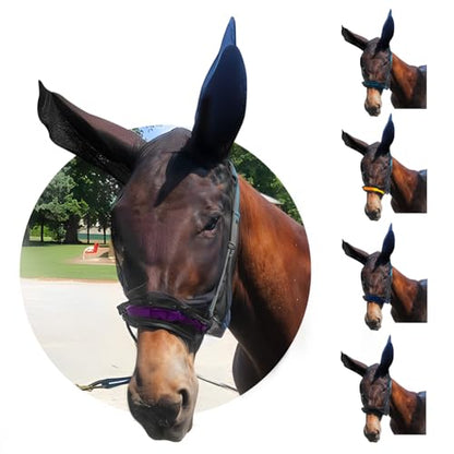 Donkey Fly Mask with Long Ears (Purple) Half Hoodie for Standard Donkey, Made in USA - Mule Fly Mask with Ears Protection from Insects and Bugs, Face Cover Soft Mesh Fabric with Adjustable Fastener - color: Purple, size: Large Donkey