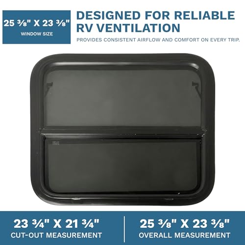RV Window 24" x 22" - Vertical Slider with Screen & Trim Ring fits 2" Wall Thickness - Replacement for Campers, Trailers (23 3/4" x 21 3/4" Cut-Out)