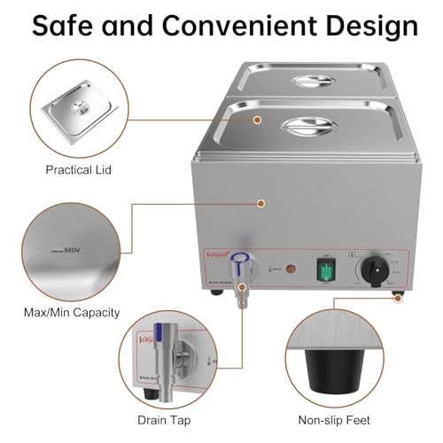 Valgus Commercial Bain Marie, 19 Qt Stainless Steel Food Warmer for Buffet - size: 2 Sections with Tap