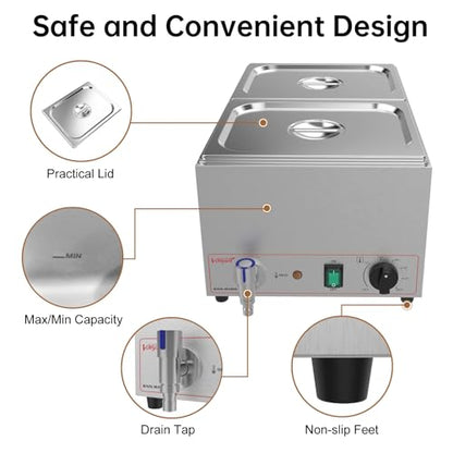 Valgus Commercial Bain Marie, 19 Qt Stainless Steel Food Warmer for Buffet - size: 2 Sections with Tap