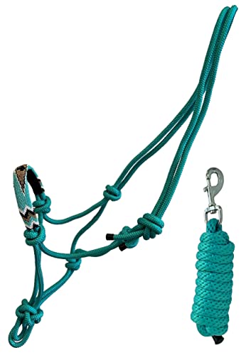 Nylon Horse Size Cowboy Knot Rope Halter with Beaded Cross Nose and Removable Lead - color: Teal