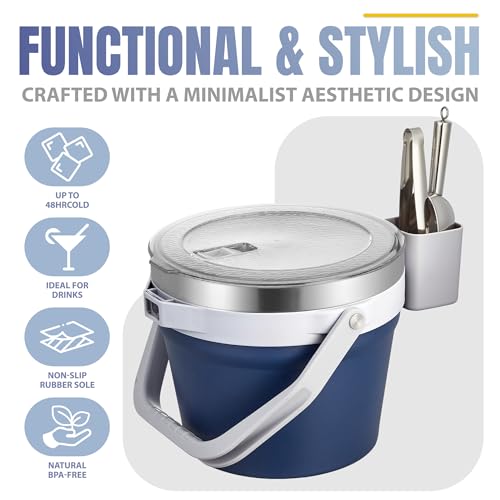 COKTIK 7L Vacuum Insulated Ice Bucket with Lid and Scoop& Tongs，Large capacity Stainless Steel Beverage Bucket for Cocktail, Champagne, Wine, Beer，Large Parties（Dark Blue Suit） - color: Dark Blue Suit
