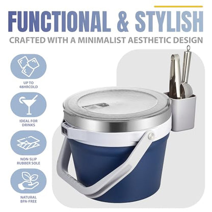 COKTIK 7L Vacuum Insulated Ice Bucket with Lid and Scoop& Tongs，Large capacity Stainless Steel Beverage Bucket for Cocktail, Champagne, Wine, Beer，Large Parties（Dark Blue Suit） - color: Dark Blue Suit