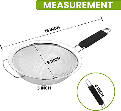 9" Large Extra Fine Mesh Strainer with Thermo Plastic Rubber Handle - Sieve Fine Mesh Stainless Steel - Ideal to Strain Pasta, Quinoa and Rice