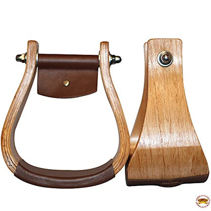 HILASON Oakwood Horse Saddle Stirrups Pair W/Leather Bottom Western | Aluminum Wooden Endurance Angled Padded