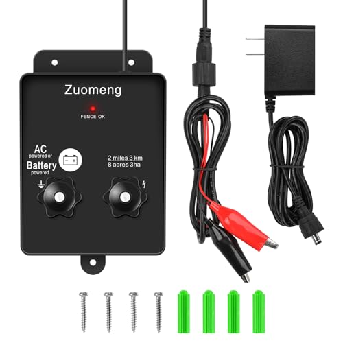 2-in-1 Electric Fence Energizer, Zuomeng 2-Mile 8 Acres Electric Fence Charger Powered by Battery or Power Adapter, 0.1 Joules, Protect Your Livestock Garden Pasture from Wildlife