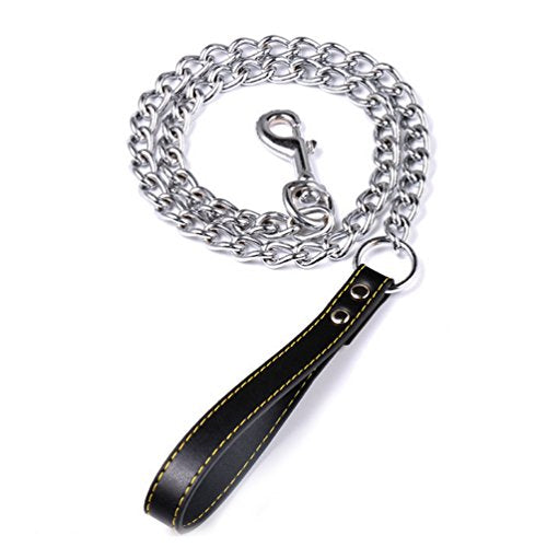 SGODA Chain Dog Leash with Leather Handle 4 Feet Black - color: Black