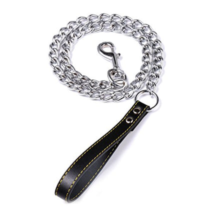 SGODA Chain Dog Leash with Leather Handle 4 Feet Black - color: Black