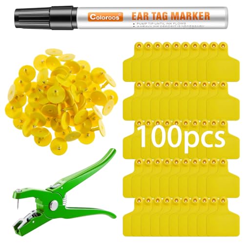 Geelin 100 Pcs Blank Cattle Ear Tags 1 Marking Pen,Wide,Yellow - color: Yellow