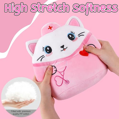Nurse Cat Stuffed Animal, 8-Inch Pink Cat Plush Toy with Stethoscope Embroidery, Cute Cat Plushie Pillow Gifts for Nurses Women, Nursing Student Graduation and Appreciation Week Gift - style: Nurse Cat