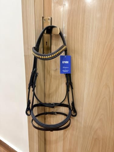 Horse Jumping Leather Bridle with Web Reins | Premium Genuine Leather English Bridle | Padded Browband & Noseband | Stainless Steel Buckles | Dark Brown Size Full - color: Havana Brown -Gold Crystal