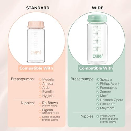 COMI Wide Neck Glass Breastmilk Collection n Storage Bottle, 2 Packs,10oz with Screw Ring Sealing Disk,Re-markable Sealing Disc,BPA Free,Fits Breast Pumps&Nipples(2 Green Lids) - style: 300ml 2Green