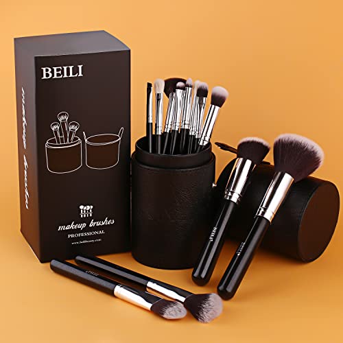 BEILI Makeup Brushes 12pcs Makeup Brushes Set with Holder Premium Synthetic Kabuki Foundation Brush Blending Blush Concealer Full Face Makeup Brushes Kit With Gift Box(Black) - color: 12pcs with Holder