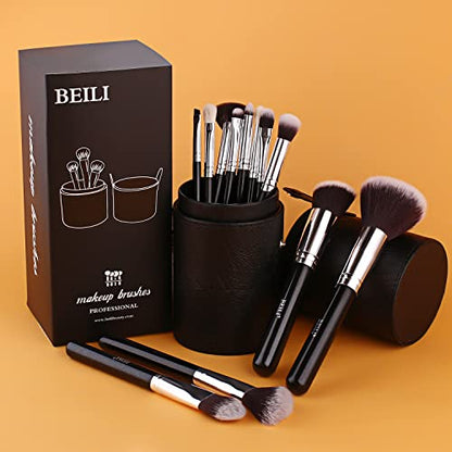 BEILI Makeup Brushes 12pcs Makeup Brushes Set with Holder Premium Synthetic Kabuki Foundation Brush Blending Blush Concealer Full Face Makeup Brushes Kit With Gift Box(Black) - color: 12pcs with Holder