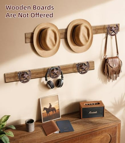 Cowboy Hat Rack for Wall, 6 Pack Iron Horseshoe Star Hooks, Bronze - color: Antique Bronze