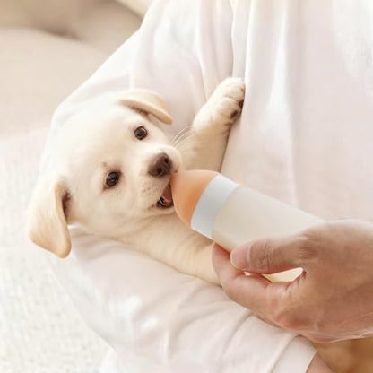 Silicone Kitten/Puppy Feeding Bottle, Squeezable, 3.2oz White | Soft silicone squeezes to control flow. Anti-choke vent. Kit includes syringe, extra nipples, needles for safe feeding.
