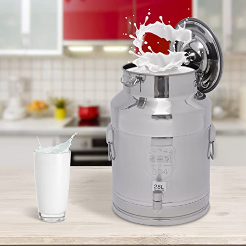 Stainless Steel Milk Can, 28 Liter Seamless Milk Jug Wine Pail Bucket with Spigot 7.4 Gallon Anti-Leak Liquid Storage Container Milk Pail with Sealed Lid Heavy Duty for Milk and Wine (28L with Spigot) - size: 28L with Spigot