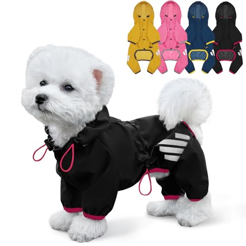 Dog Raincoat, Waterproof Dog Rain Jacket with Hood, Dog Rain Coat with Leash Hole, Reflective Strap for Small Medium Dogs, Lightweight Puppy Clothes(Black,M) - color: Black, size: M(Back Length13.4'')