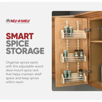 Rev-A-Shelf Pullout Wall Storage Organizer for Kitchen Cabinets, Sliding Door Mounted Spice Rack with 3 Adjustable Shelves, Maple Wood, 4ASR-18 - size: 13.13" W