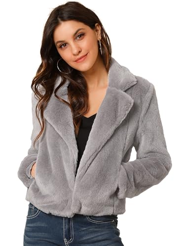 Allegra K Women's Cropped Faxu Fur Jacket Lapel 2026 Winter Fur Coat Outfit - color: Grey, size: Small