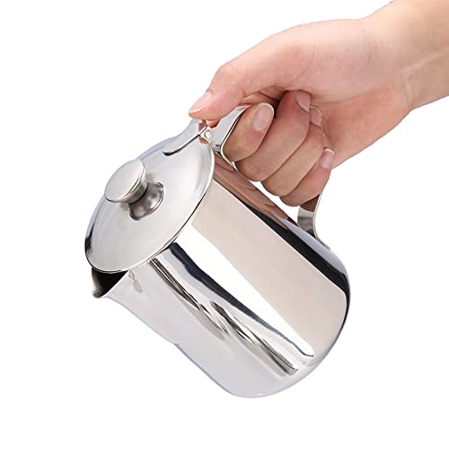 Stainless Steel Pitcher, 350ml Milk Pitcher with Lid，Stainless Steel Coffee Cup Mug Milk Frothing Jug for Latte Coffee Art for Office Kitchen (4.13in Height) (Pack of 2) - size: 11.8 Ounces (Pack of 2)