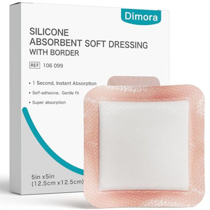 Dimora Silicone Super Absorbent Wound Dressings - Gentle Adhesive Bandages with Ultrasorb Polymer,Heavy Exudate Wound Care Pads 5"X 5" 10 Count - size: 5"x 5" - 10 pcs