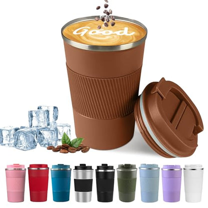 Insulated Travel Coffee Mug, Stainless Steel Coffee Cup with Leakproof Lid - color: Brown, size: 17 Ounces