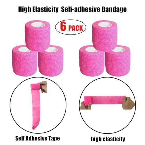2 Inches Self Adhesive Bandage Wrap Bulk, 6 Pack, Pink - color: Pink