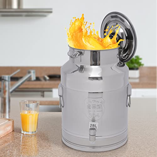 Milk Can with Spigot, 304 Stainless Steel Milk Dispenser Container Pail, 7Gal Stainless Steel Water Jug 28L Hanging Lid Bucket Drink Beverage Dispenser for Oil Tea Wine - size: 28L/7.4Gal