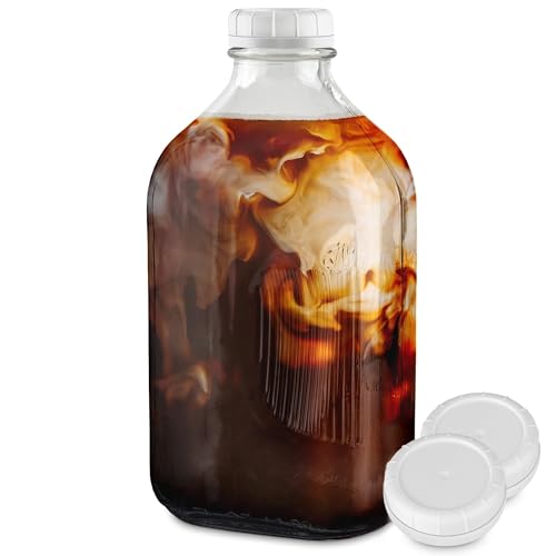 Stock Your Home Half Gallon Glass Bottle with Lid (1 Pack) 64 Oz Jugs and 3 White Caps, Reusable Food Grade Container for Refrigerator, Bottles for Juice, Oat or Plant Milks, Water, Honey - size: 64oz, style: 1 Pack