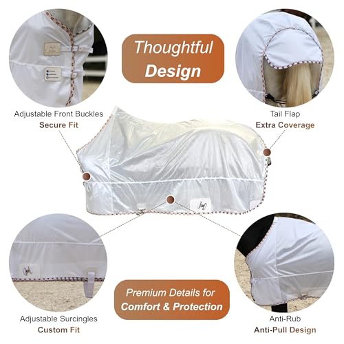 BARN & STABLE Breathable and UV Protective Tear-Resistant Mesh Horse Fly Sheet Comfy Equine Summer Sheet with Removable Web Leg Straps - color: White - Loose Fit, size: 75 in