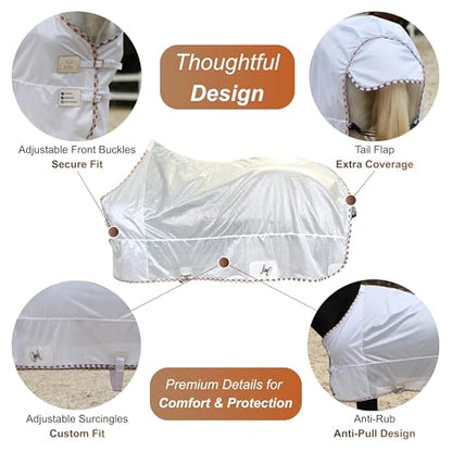 BARN & STABLE Breathable and UV Protective Tear-Resistant Mesh Horse Fly Sheet Comfy Equine Summer Sheet with Removable Web Leg Straps - color: White - Loose Fit, size: 78 in