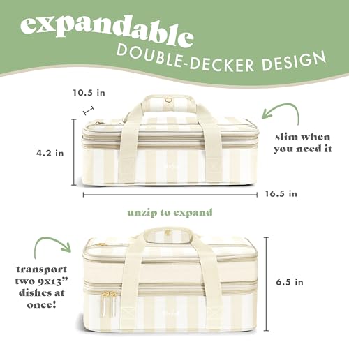 Fit & Fresh Insulated Double Decker Casserole Carrier for Hot & Cold Food | Fits two 9x13" pans, Expandable, Leak-Resistant, Durable, Portable Food Carrier For Potlucks, Tailgating, Picnics, Parties - color: Pina Colada Stripe