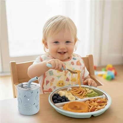 PandaEar 6-in-1 Stainless Steel Baby Feeding Set | Divided Suction Plate, Bowl, Sippy Cup with Straw, Bib, Spoon & Fork | BPA-Free Toddler Feeding Essentials for Self-Feeding (Blue) - color: Blue