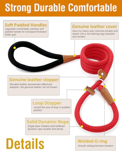 Dog Leash Slip Lead Braided Rope Pet Training Loop Leashes 5ft 6ft 8ft - color: Red